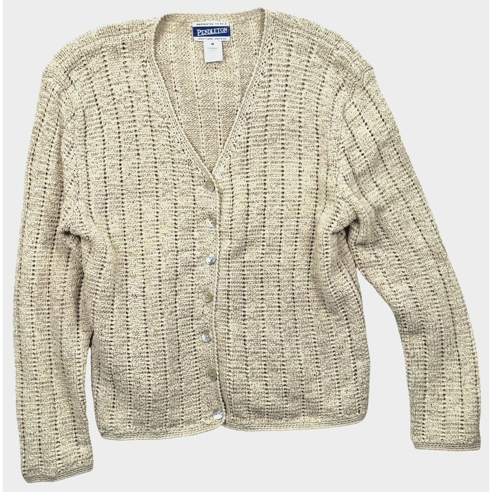 Pendleton Vintage 90s Cardigan Sweater M Beige Open Knit Mother of Pearl Buttons - Picture 1 of 6